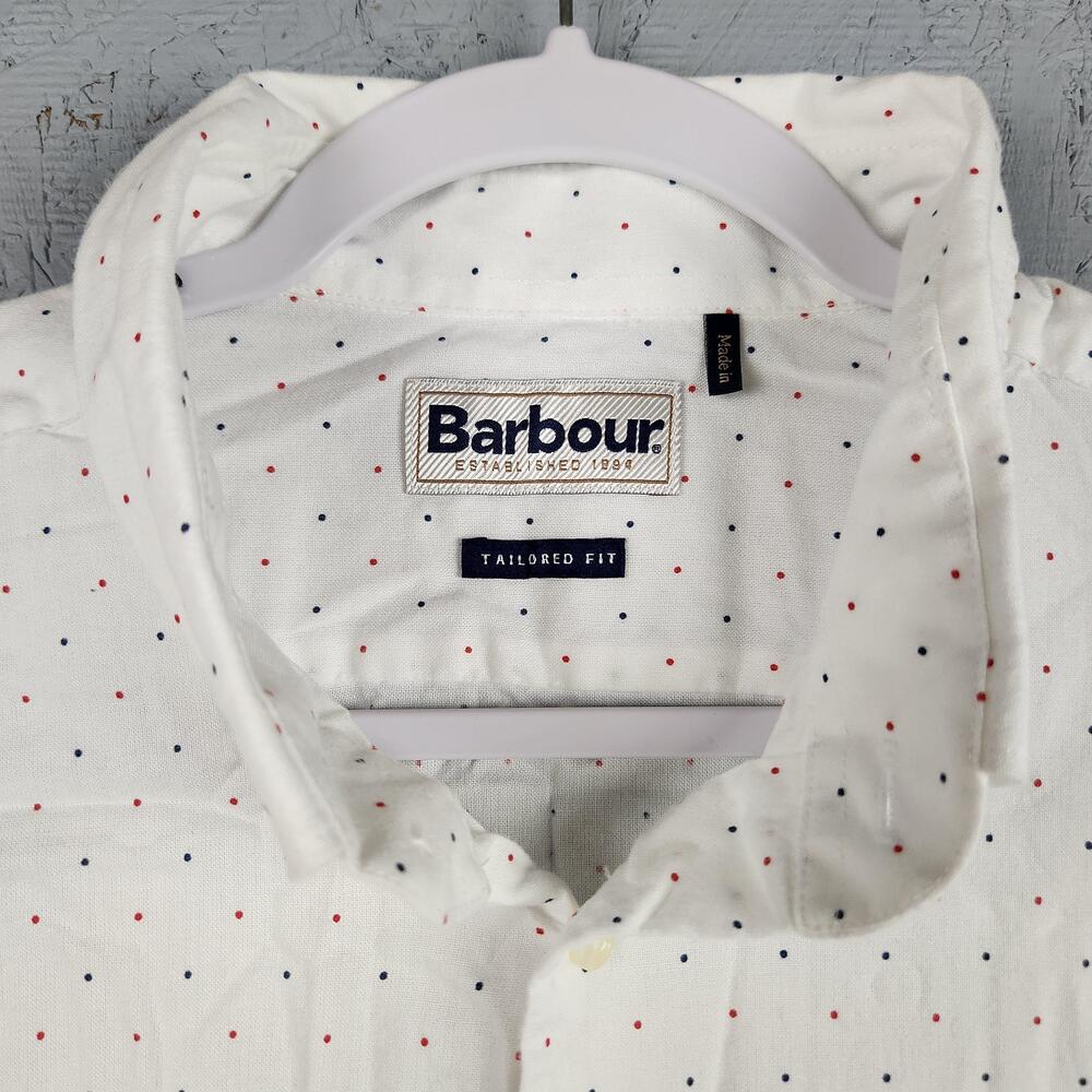 Barbour Shirt Mens Large White Tailored Fit Micro Dot Long Sleeve Button Preppy